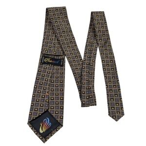 Peacock Men's Silk Geometric Pattern Necktie Brown Blue Yellow Handmade Luxury